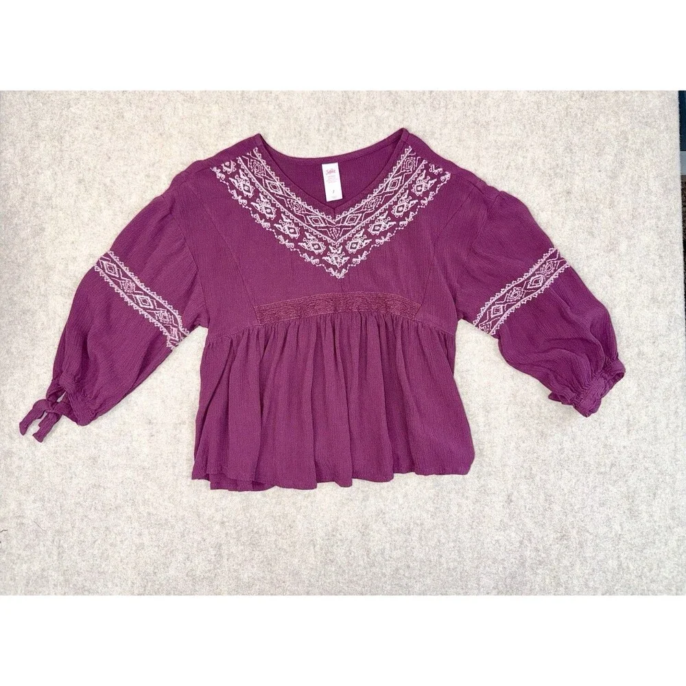 Justice Girls Size 7 Purple Shirt White Embroidery Spring Tie Sleeve